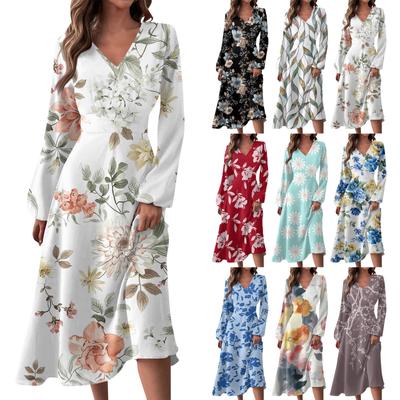 Женское осенне-зимнее повседневное модное длинное платье с v-образным вырезом и длинным рукавом с принтом