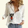 Women Fashion Cotton Linen Shirt Casual Thin Long Sleeve Top Ladies Cat Print Buttoned Blouse