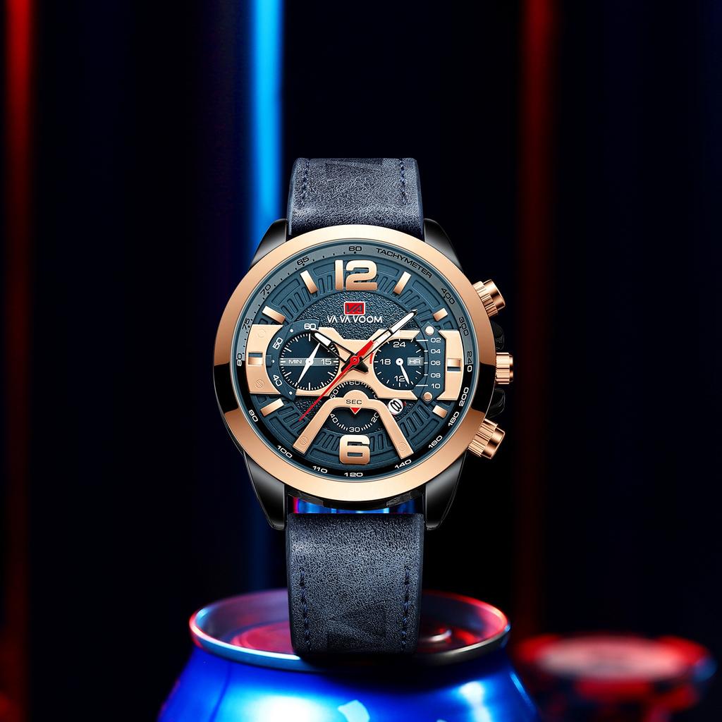 VA VA VOOM Повседневные спортивные кварцевые часы для мужчин, синие лучшие бренды, роскошные военные кожаные наручные часы, мужские часы, модные наручные часы с хронографом