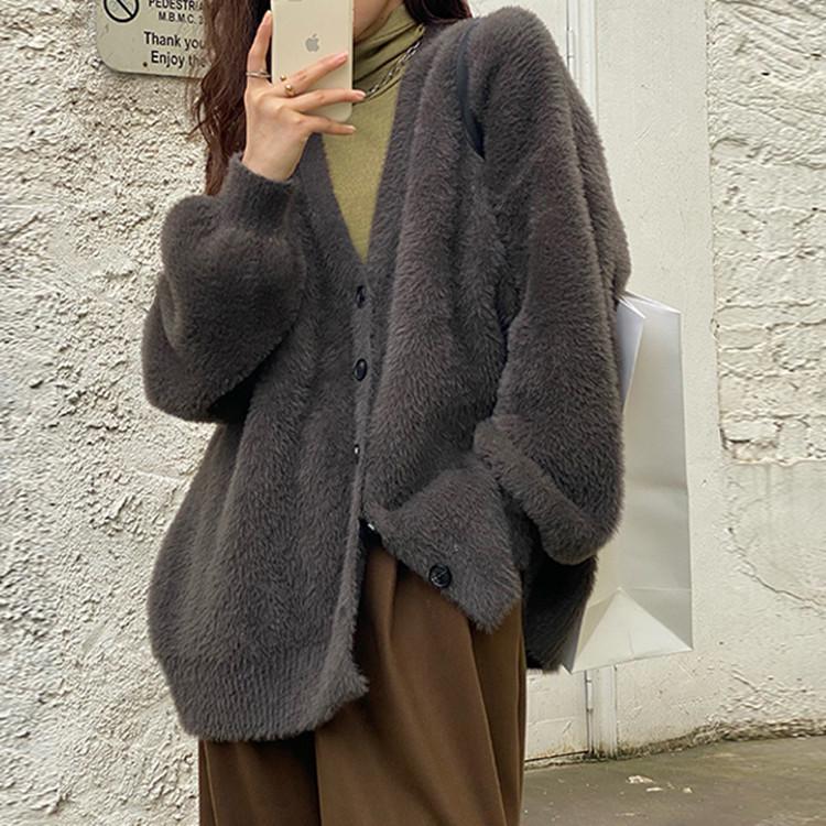 Mink Cashmere V-Neck Knit Cardigan: 2026 Spring/Autumn Korean Style Loose Sweater Coat for Women