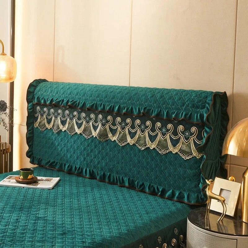 Lace Headboard Cover for Queen Bed Plush Velvet Double Size King Quilted Anti-collision Full Coverage Back Protector with Pocket