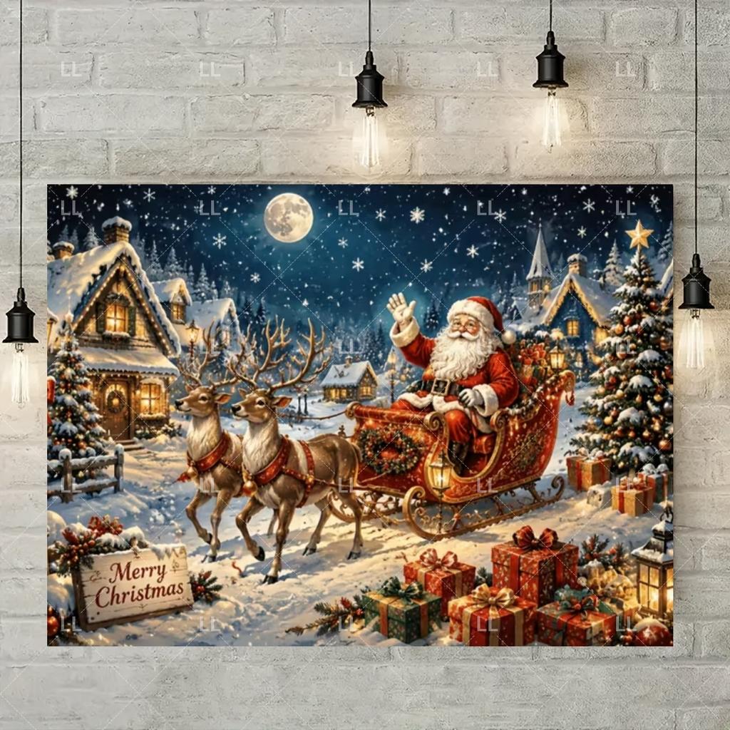 Christmas Party Decor Santa Claus Reindeer Scene Photography Background Winter Snow Xmas Tree Festival Gift Supplies Photo Props879