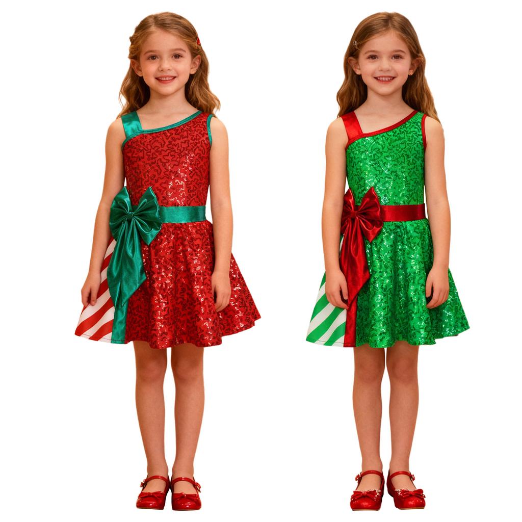 Girls Shiny Sequin Christmas Jumpsuit Asymmetrical Shoulder Big Bow Stripe Patchwork Costume Dress Up