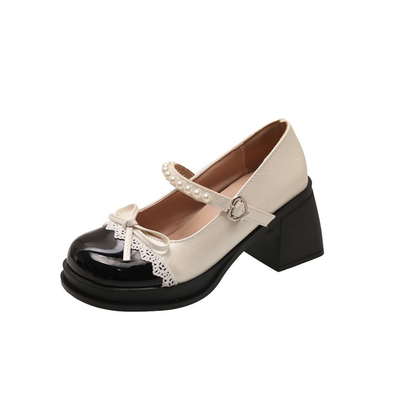 Fashion One Strap Mary Jane Single Shoes Autumn New Round Toe Shallow Mouth Butterfly Block Heel Shoes
