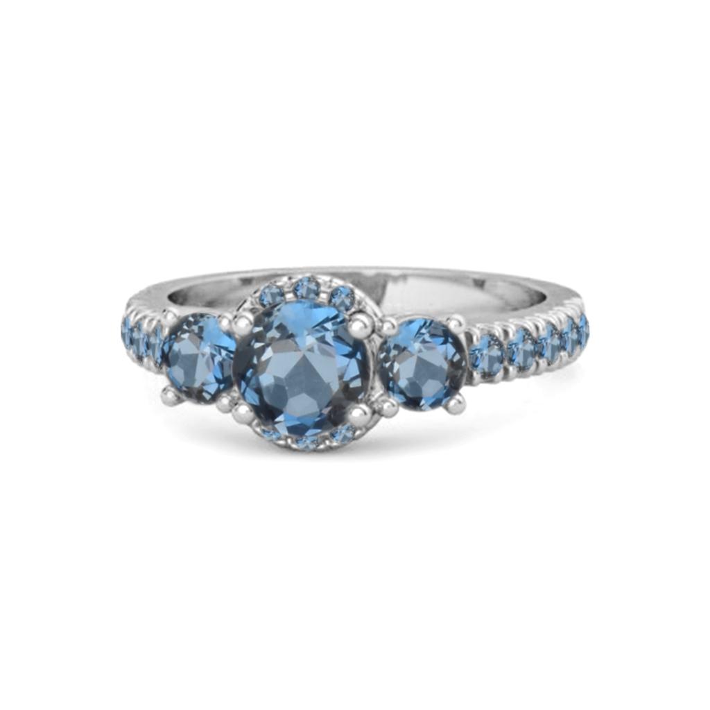 London Blue Topaz Three- 925Stone Halo Pave Band Ring - 925 Sterling Silver