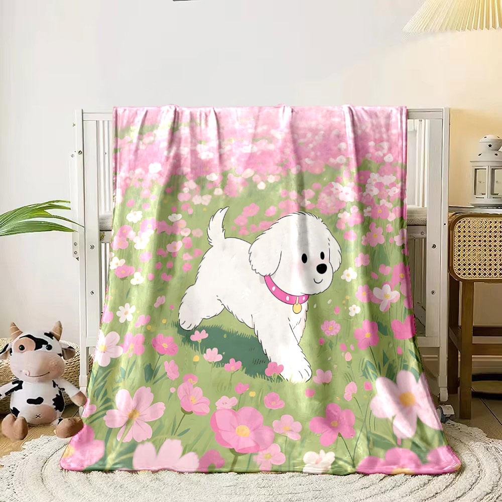 White Puppy in Pink Flower Field print blanket soft and cozy perfect for the living room bed sofa or a nap,gift