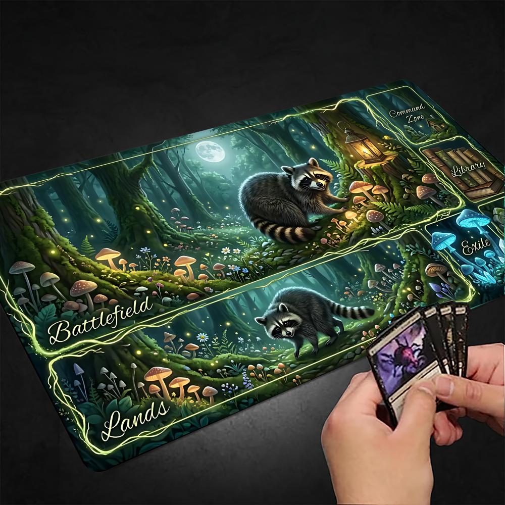 Forest Raccoon Mushroom Moon Game Mat Mouse Pad Playmat 24"X14" MTG TCG Office Desk Mat for Work Game PC Laptop Rug MousePad