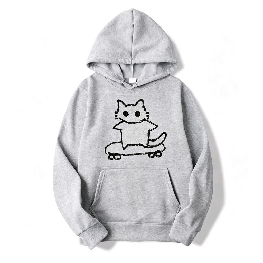 Women's Doodle Skate Cat Graphic Printed Hoodie Vintage Aesthetic Streetwear Loose Long Sleeve Casual Daily Pullover Sweatshirt