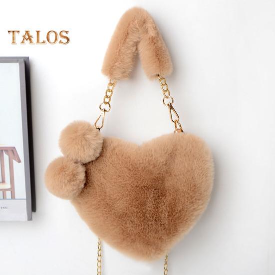 Женская сумка через плечо, однотонная, с пушистым искусственным мехом, в форме сердца, с застежкой-молнией на полой цепочке, женская зимняя сумка для путешествий, поездок на работу, свиданий