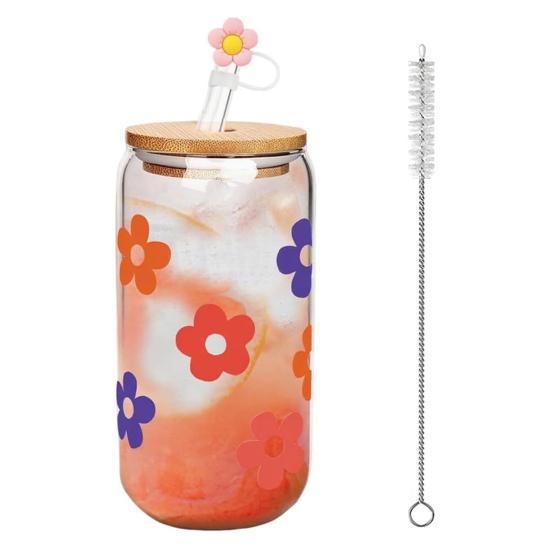 Color Changing Christmas Glass Cup with Lid Straw Brush Reusable Glass Iced Coffee Cup