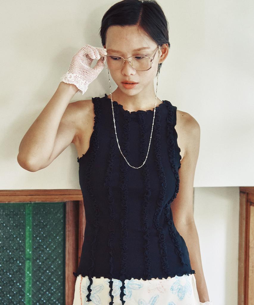 CENTAUR.KR Ribbed Frill Sleeveless Top_Black