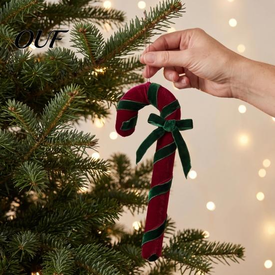 Decorative Christmas Pendant Velvet Candy Cane Ornament, Fabric Decoration with Retro Holiday Ornaments Bow, Xmas Tree Hanging Decor for Party