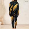 Women Plus Size Black Green Gold Printed Half Zip Long Sleeve Longline Top And Pants Two Piece Set