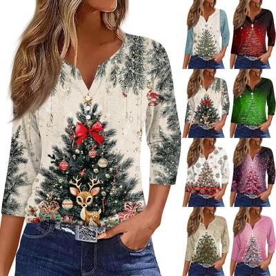 Жен. Футболка Футболка С принтом Пуговицы Рукав 3/4Ежедневно Выходные Мода Классический Топ с v-образным вырезом Обычный