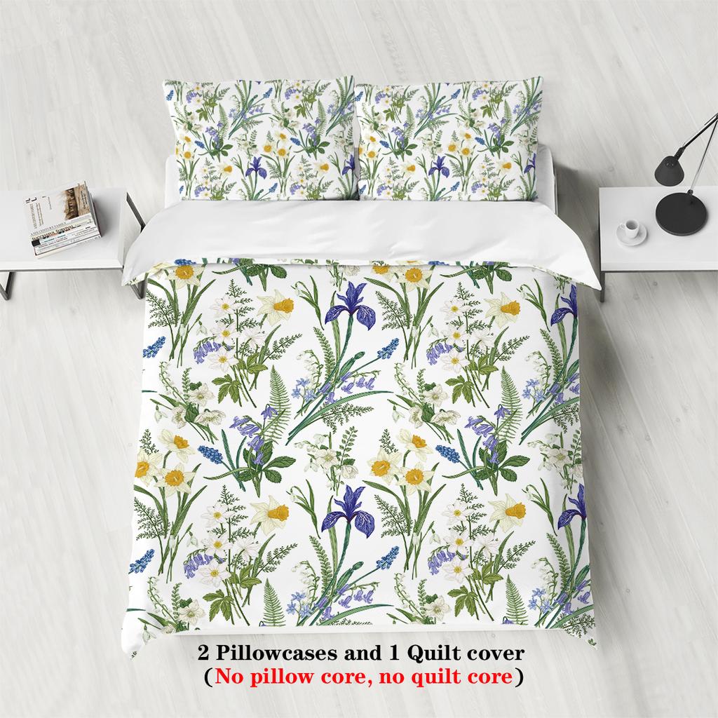 3pcs Plants Pattern Printed Bedding Set,soft and Comfortable, 1*duvet Cover+2*pillowcase, Suitable for Women and Adult's Bedroom