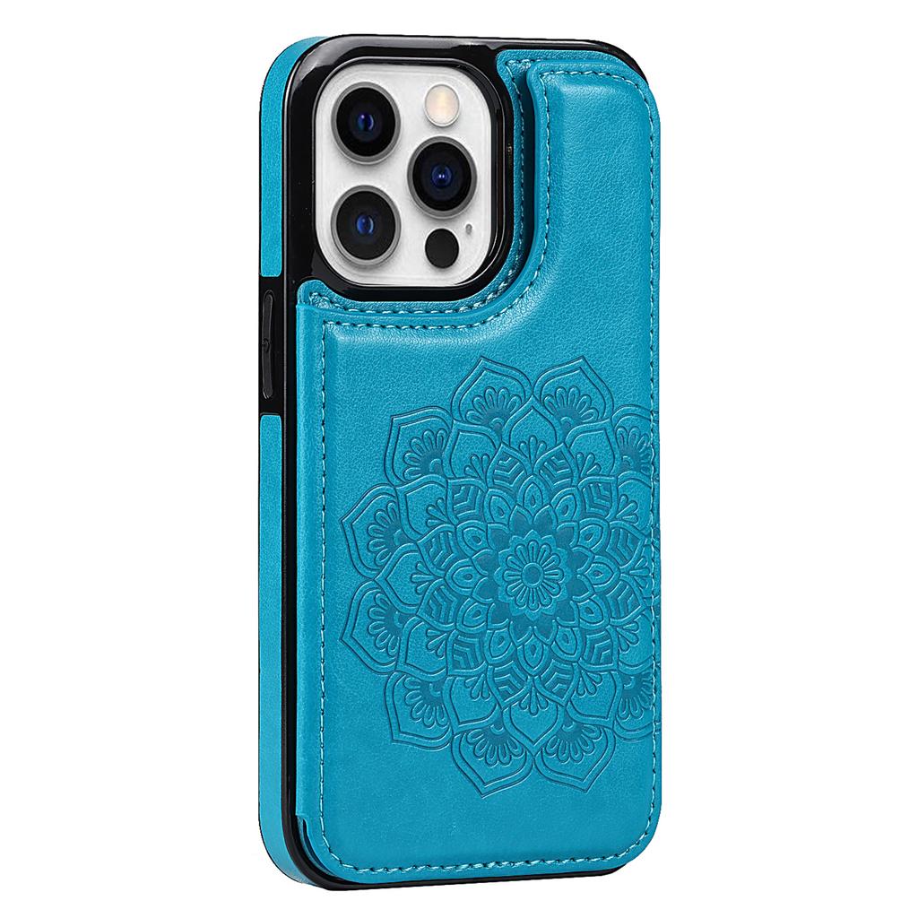For iPhone 15 Pro Cell Phone Case Imprinted Mandala Flower PU Leather+TPU Anti-fall Cover