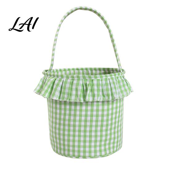 Festive Party Favor Holders Halloween Basket Plaid Ruffle Trick or Treat Candy Bucket with Handle Baskets for Kids Reusable Gingham Fabric