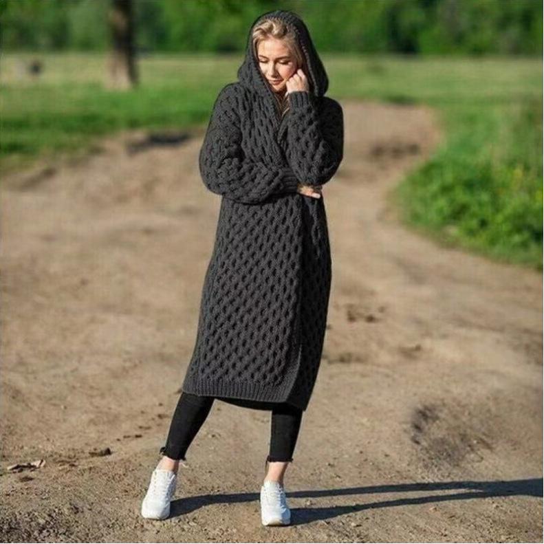 Женский осенне-зимний теплый однотонный кардиган с длинным капюшоном и курткой-свитером