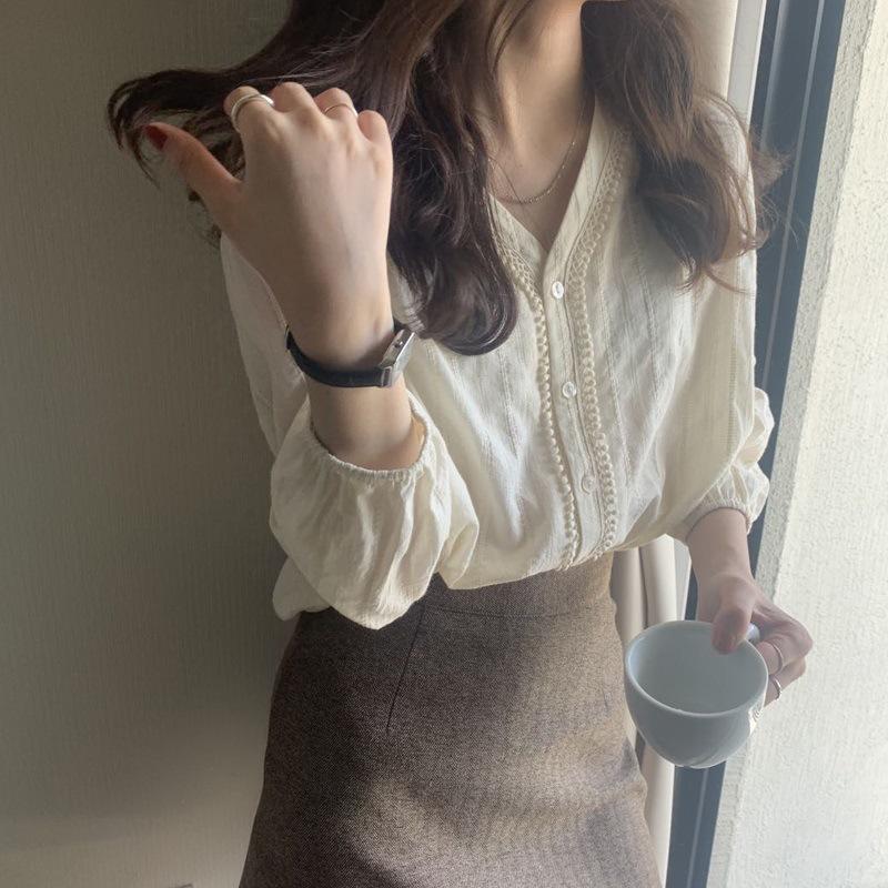 YYFS Women's Fashion Casual Spring Autumn Solid Color Print Long Sleeve V-Neck Blouses & Shirts
