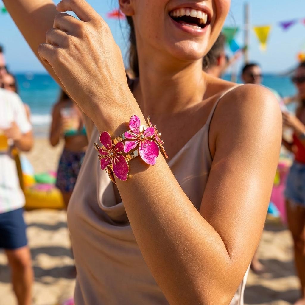 Exaggerated Flower Butterfly Cuff Bracelet for Women Bohemian Dainty Enamel Flower Open Bangle Beach Party Jewelry Gift