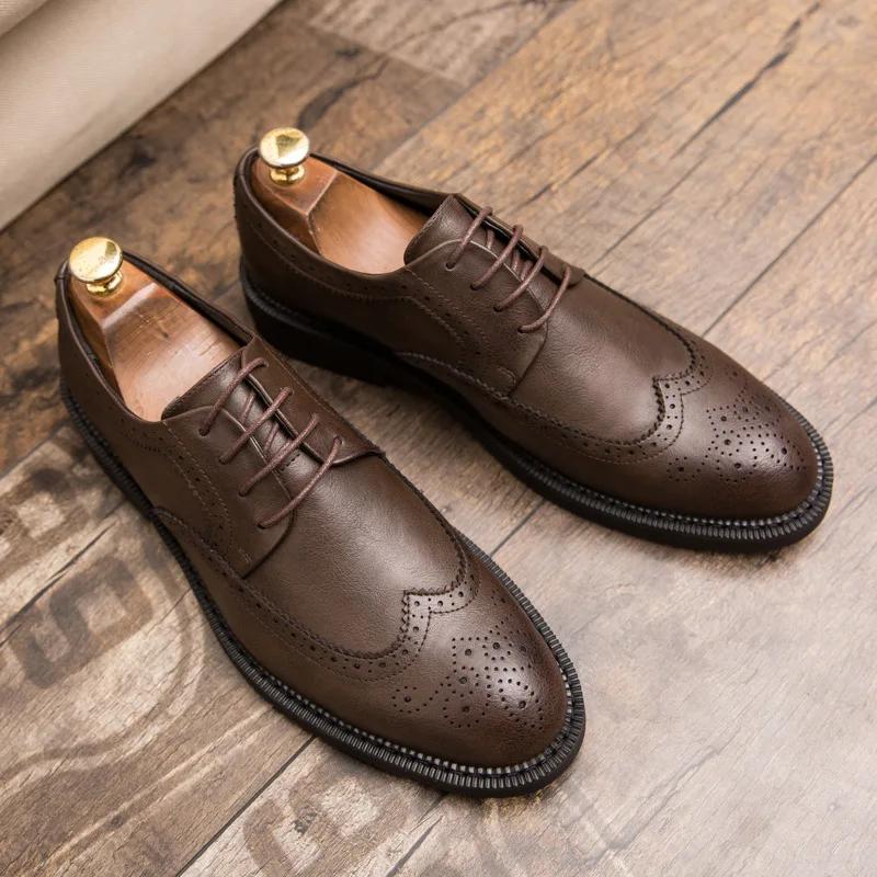  Men Leather Shoes Business Dress Shoes All-Match Casual Shock-Absorbing Footwear Wear-Resistant Wedding Shoes
