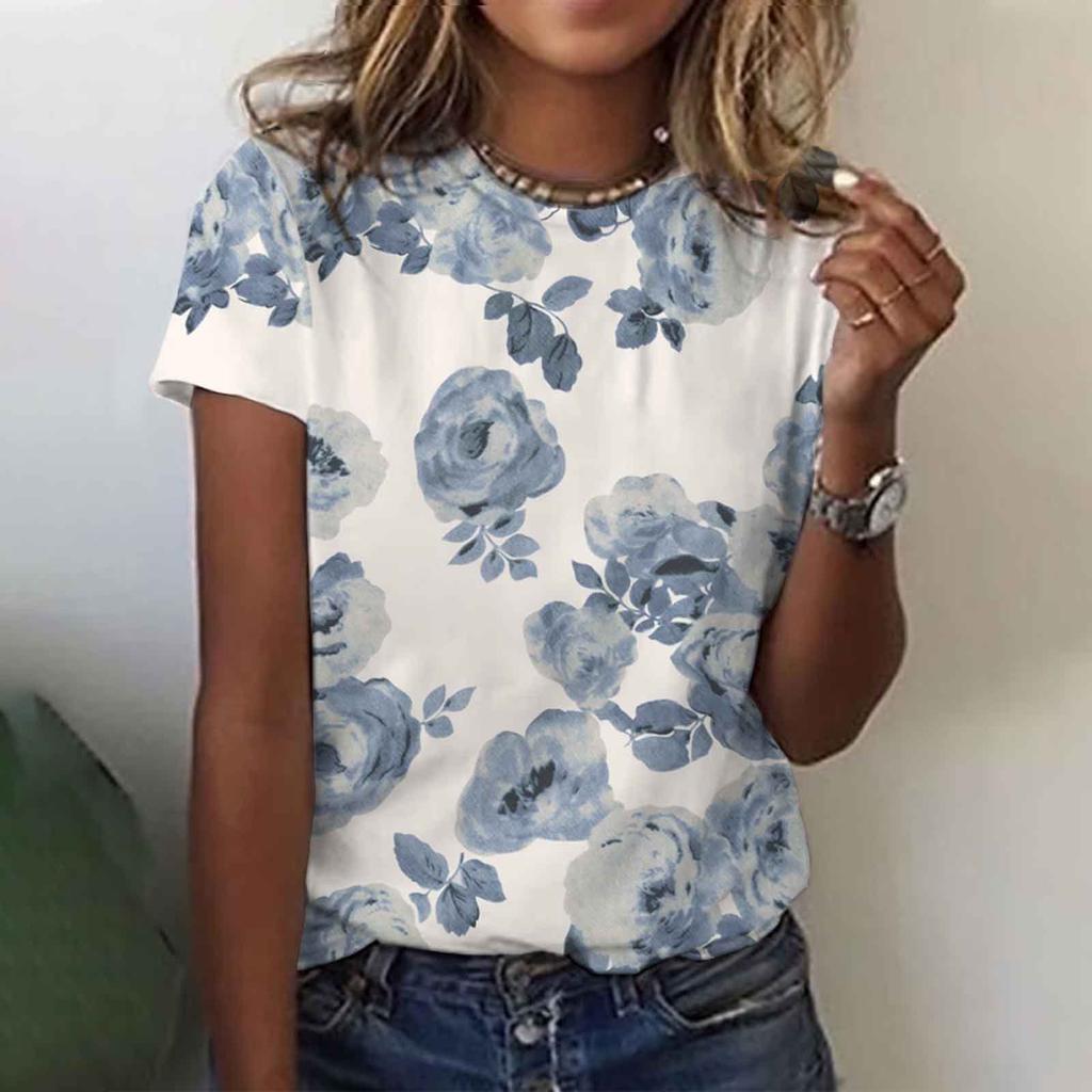 Летний топ с круглым вырезом и 3D-цветочным принтом, модные повседневные женские футболки с короткими рукавами
