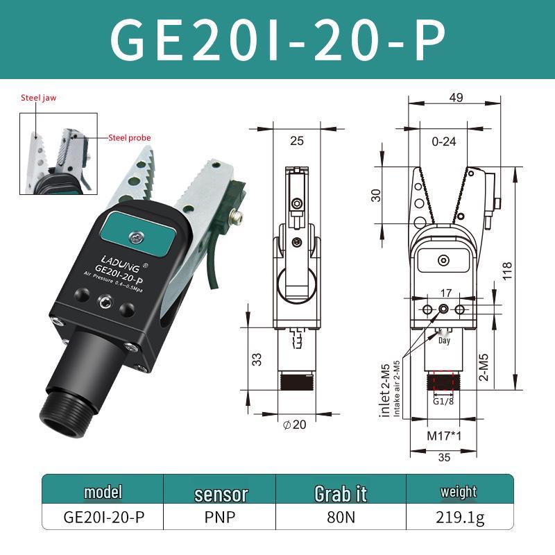 Double-Acting Pneumatic Needle-Nose Gripper GE20B-20 for Robotic Arm and Water Jet Applications