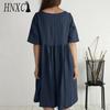 HNXC Women's Fashion Summer Spring Solid Color Print O-Neck High Waist Casual Dresses