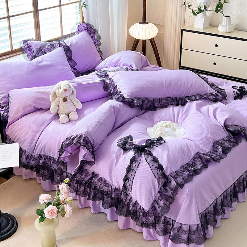 Покрывало из хлопка в стиле принцессы, однотонное, кружевное, стираное, из четырех частей, сирсакер, кружево, двойной пододеяльник