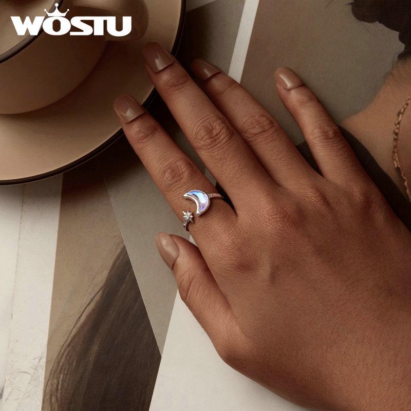 WOSTU 925 Sterling Silver Moon Star Open Ring For Women Rainbow Moonstone Zircon Adjustable Rings Lovely Party Jewelry Gift New