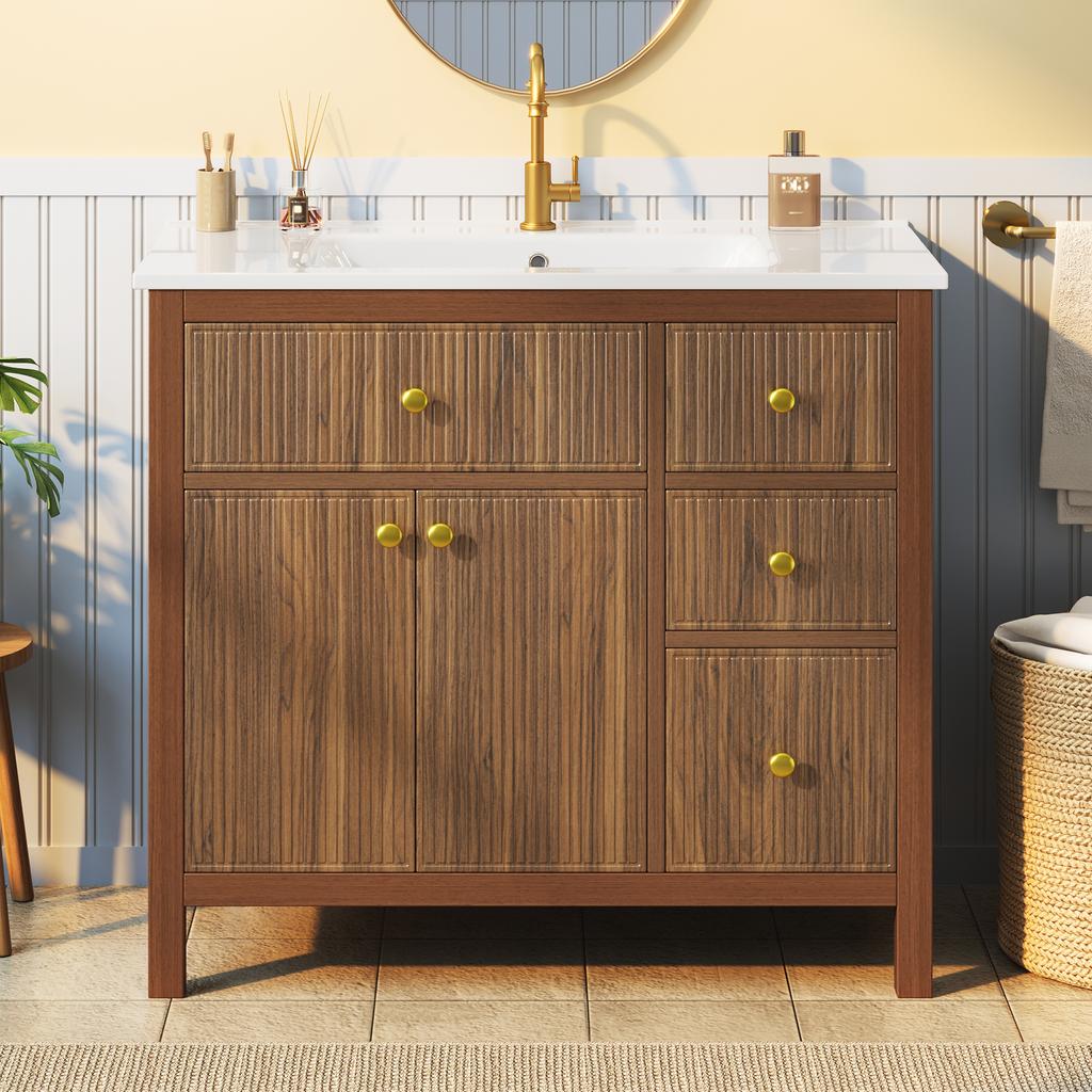 91 cm Bathroom Cabinet with Ceramic Washbasin, Wave Pattern Texture, Soft-Close Hinges, Double Doors & Shelves, Drawers, without Faucet, Walnut