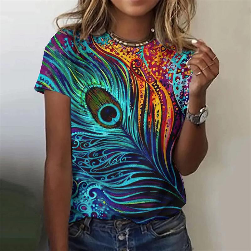 Top Women Feather Art Printed Women's T-Shirt Oversized T-Shirt Youthful Women Clothing Animal Short Sleeve Tees Female Shirt