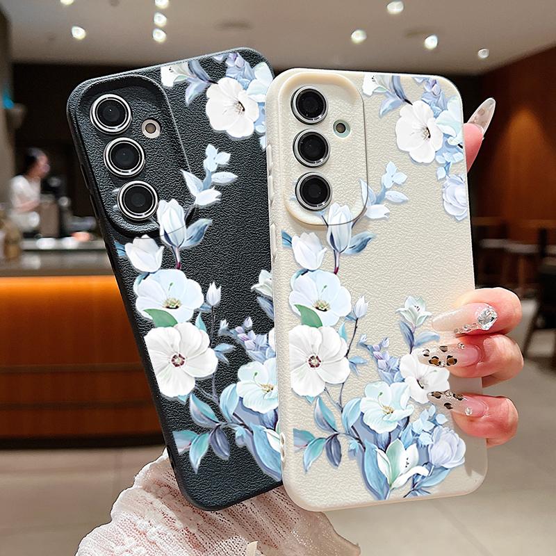 Матовый чехол для телефона с цветочным узором и текстурой из кожи для Samsung S25 Ultra S24 FE S23 S22 A36 A56 A16 A55 A26 A15 A35, тонкий противоударный мягкий чехол-накладка из ТПУ