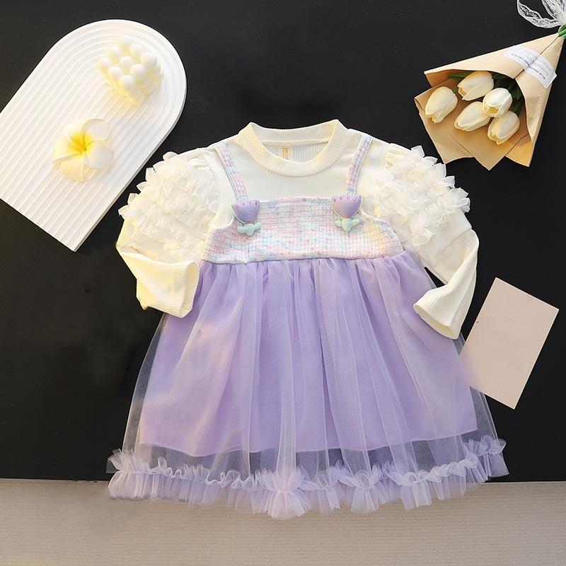 New Girls' Long Sleeved Princess Skirt Sweet Gauze Skirt For Baby Girls Children's Clothing Spring Autumn
