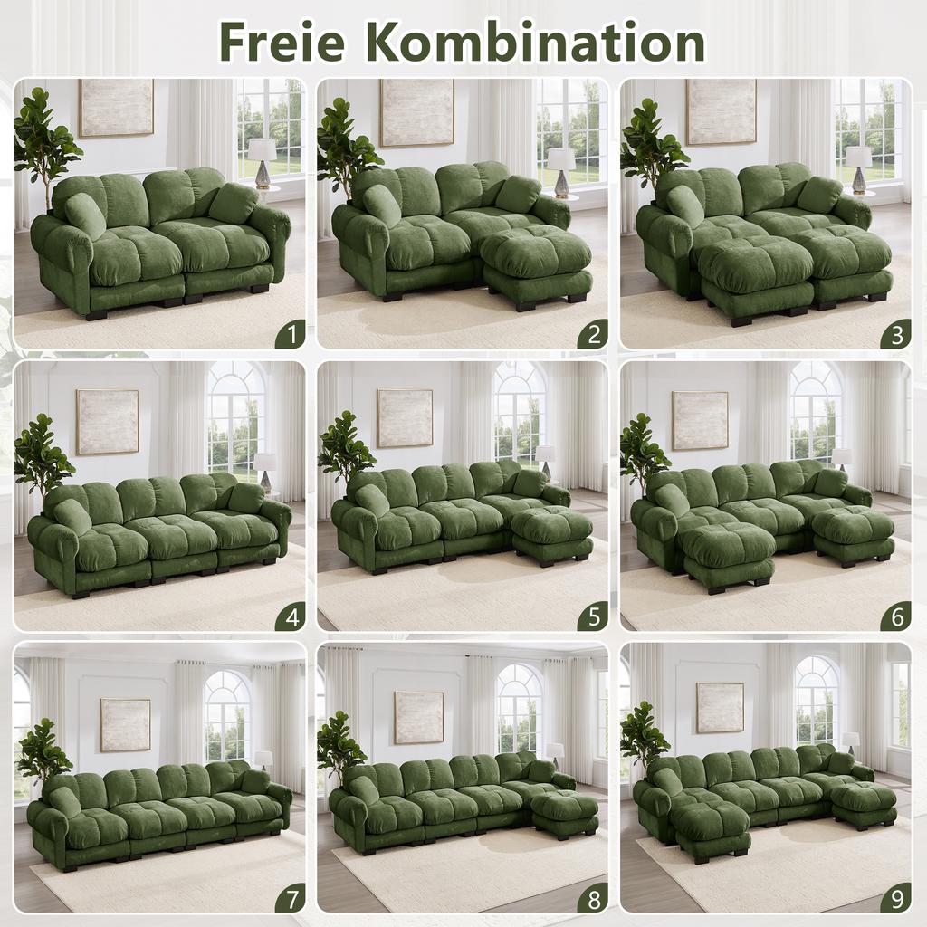3-Seat U-Shaped Cloud Sofa, Including Mobile Ottoman and 2 Cushions, Fine Quilted Design, Thick Seat Cushions, Suitable for Living Room, Green