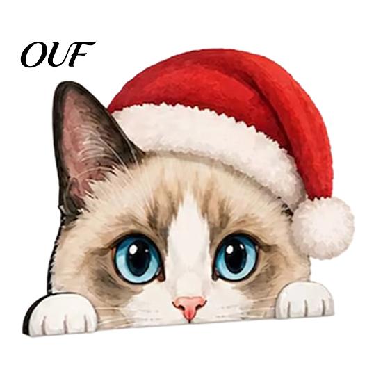 Cute Cat Present Shelf Sitter, Wooden Christmas Hat Peeking Desk Figurine, Funny Animal Scene Accessories Sign, Lover Gift for Holiday Home