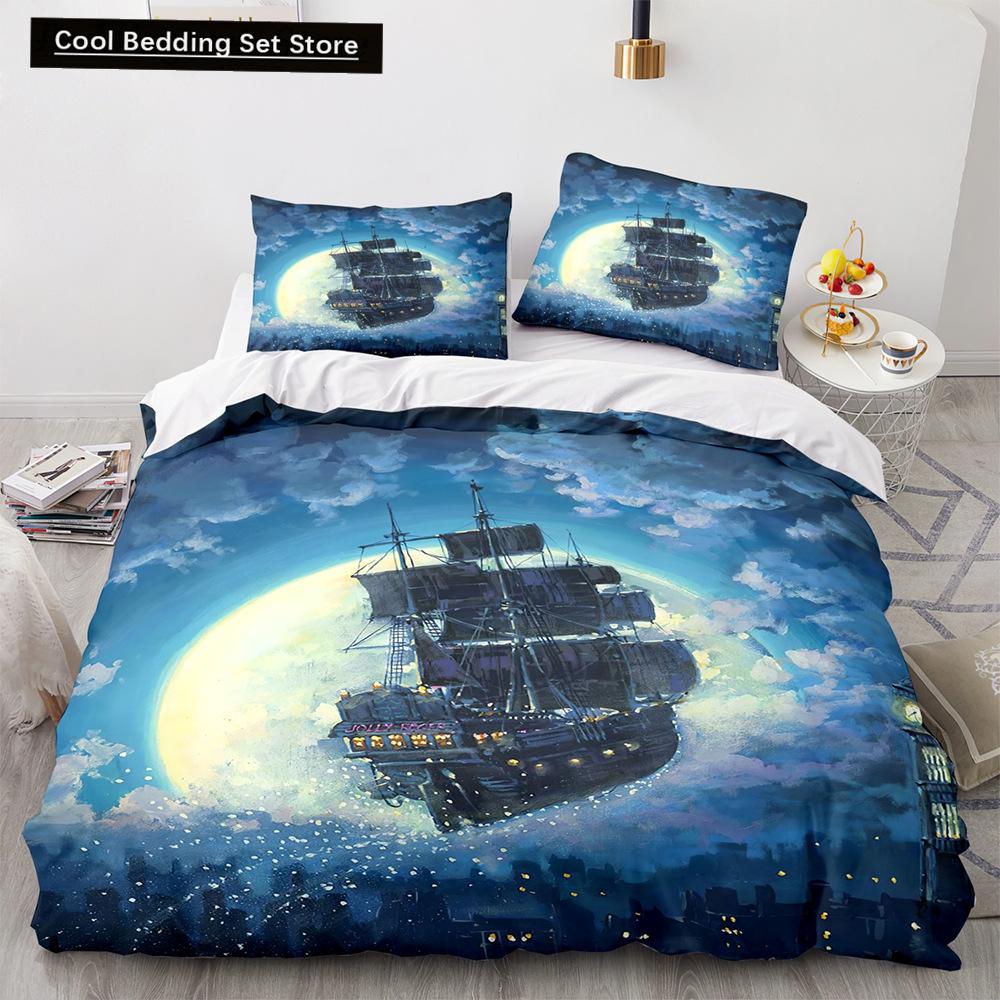 Vintage Sailboat King Queen Duvet Cover Nautical Ocean Bedding Set for Teens Adults Ship Fire Black 2/3pcs Polyester Quilt Cover