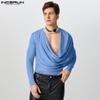 Men Ruffled Cowl Neck Long Sleeve Glitter Tops Layers Wrap T-shirts