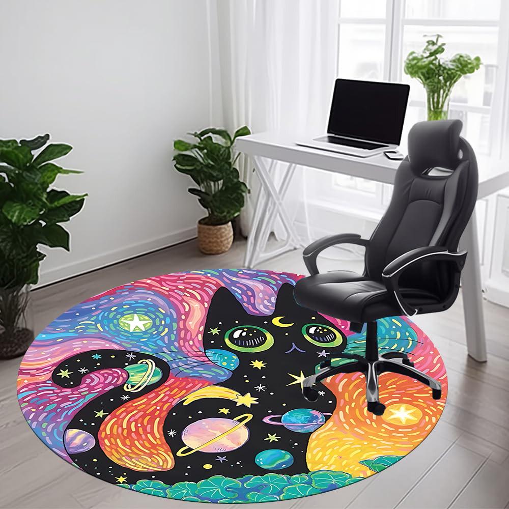 1PC Galaxy Cat Office Round Area Rug,  Mat Suitable ForOffice, Under Office Chairs Bedroom Living Room Home Decor, Room Deco