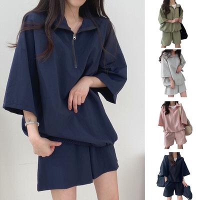 2 шт./компл. женский топ и шорты, комплект, свободный однотонный свободный спортивный костюм на молнии с отложным воротником и карманами, большой спортивный костюм с короткими рукавами