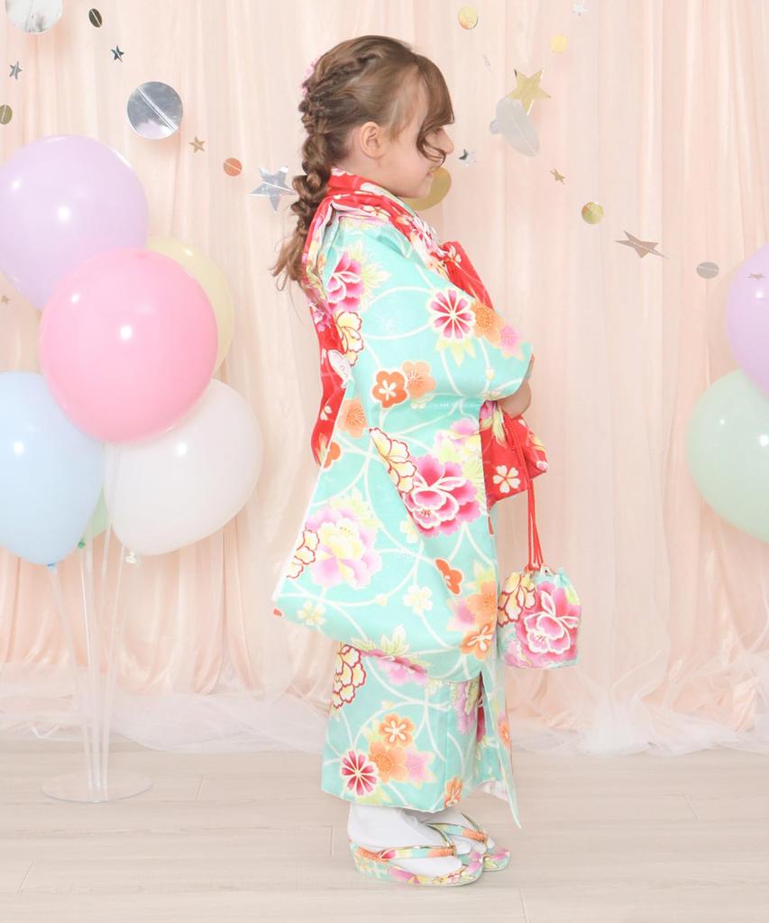 Kimono Set for 3 Years Cloth Gorgeous Set Patterned Date Long Hair Waist for Girls Jade [KYOETSU] Shichi-Go-San, Old, Set, C, 9-piece (patterned