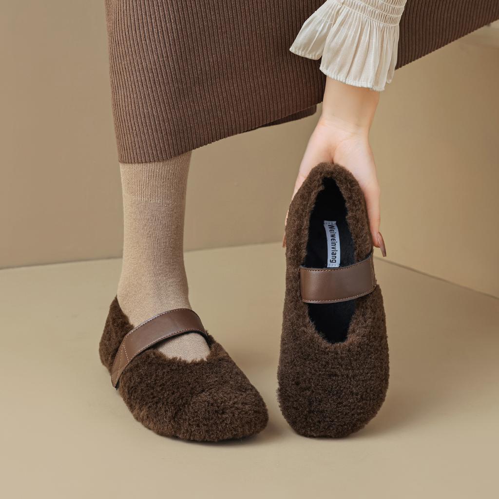 Flat-bottomed Fluffy Shoes for Women's Winter Wear, One-word with Plush Warm Shoes