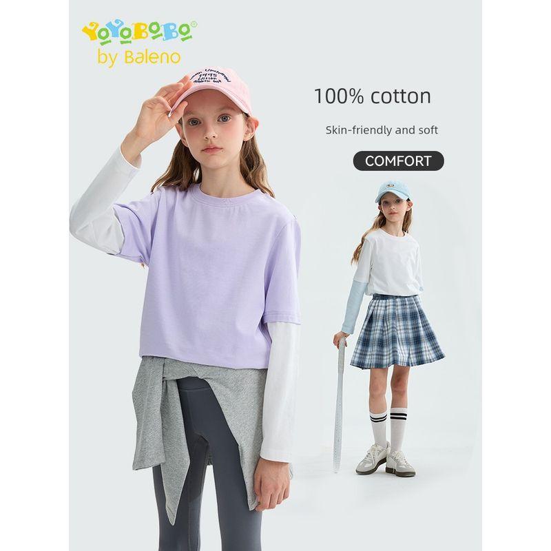 Baleno Kids Ybb Series Girls' Long Sleeve 2025 New Children's Pure Cotton Top for Older Girls, Fake Two-Piece T-Shirt