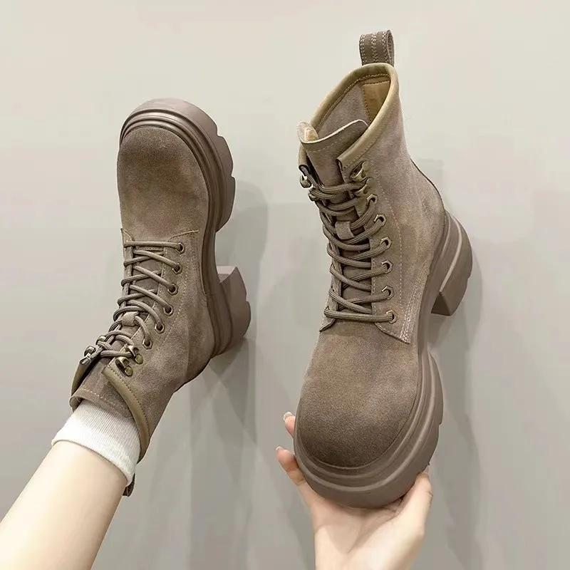Новые модные и универсальные женские ботинки, женские ботинки с круглым носком, на шнуровке, на толстой подошве, на квадратном каблуке, зимние ботинки Naked