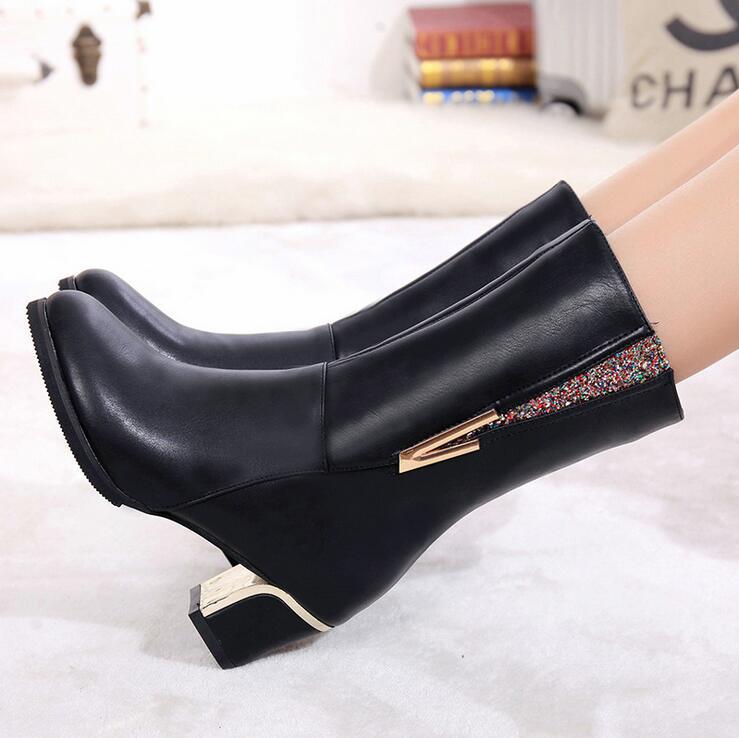 Warm Women Boots PU Leathe High Heels Autumn Shoes Woman Mid-Calf Boots Female Fashion Boots Zipper Casual Boots Mujer