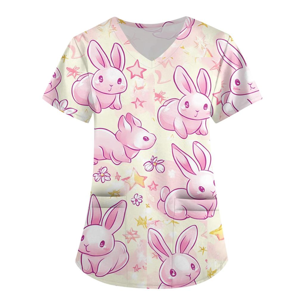 Женская модная рабочая одежда с V-образным вырезом и короткими рукавами, с карманами, с принтом в виде пасхального топа, одежда для ухода