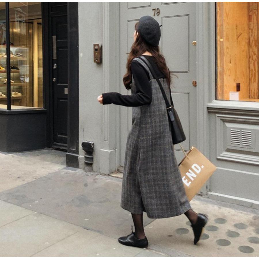 Осенне-зимняя винтажная клетчатая юбка на подтяжках, свободные утягивающие шерстяные повседневные платья на подтяжках