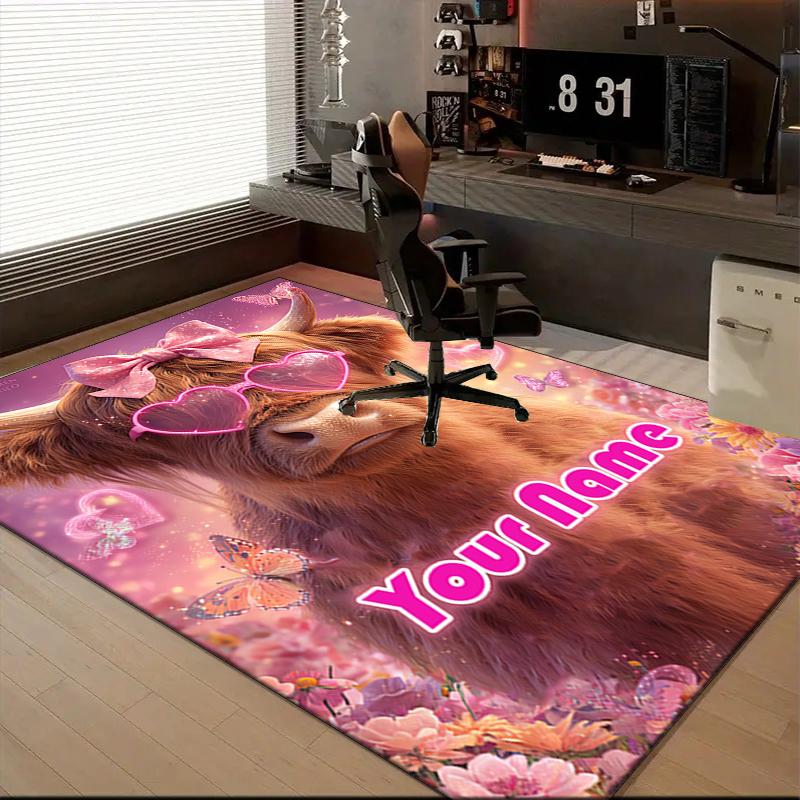 1PC Custom Name Pink Cow Bow Theme Floor Mat Ideal for Living Room, Game Rooms, Office, Bedroom Floor Mat Playful Design