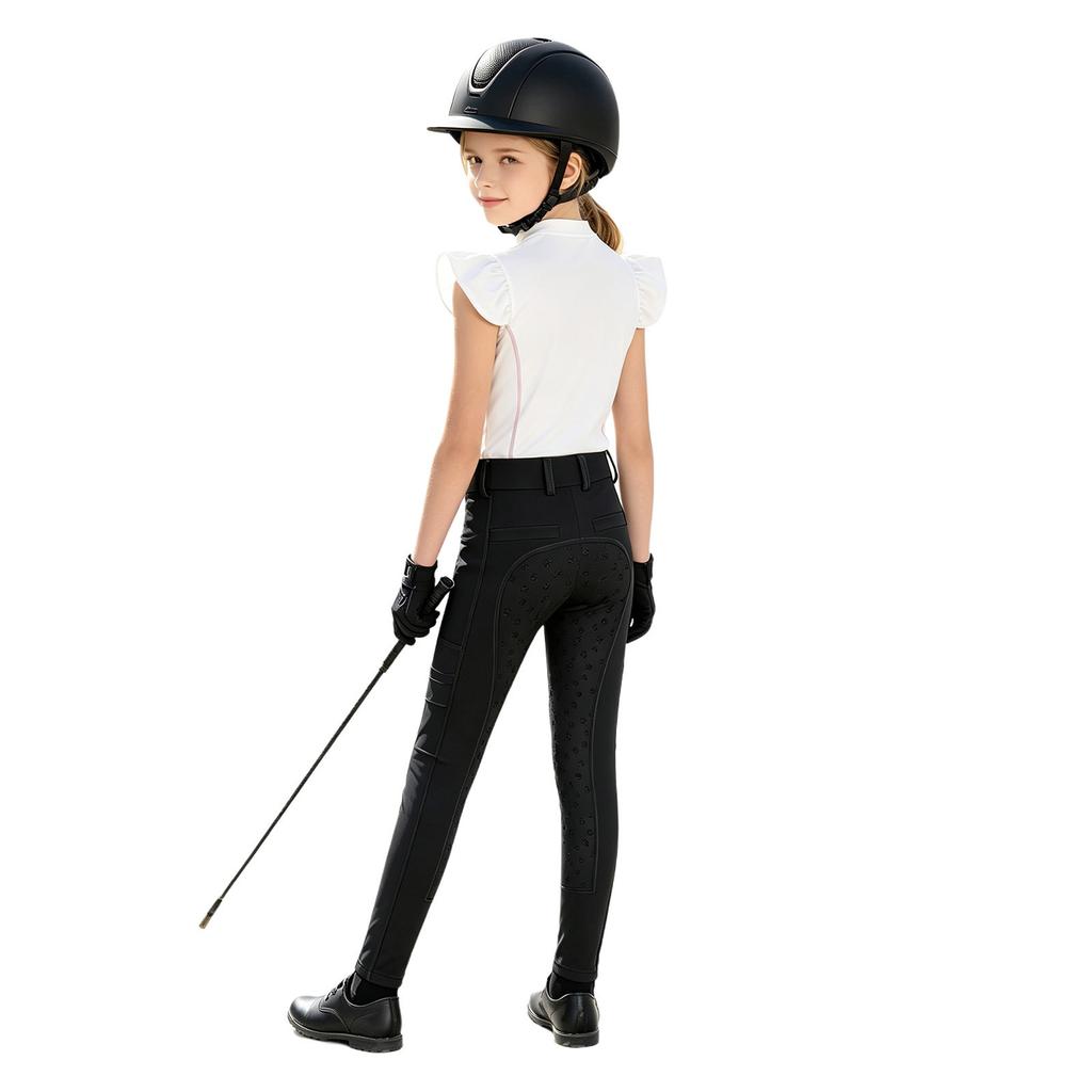 Girls Equestrian Riding Zip Up Stand Collar Ruffled Sleeves Contrast Trim Top Anti Slip Full Seat Breeches Outfit