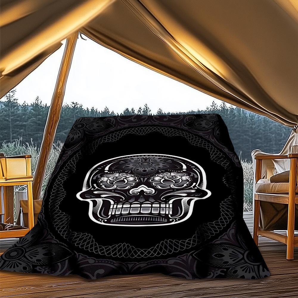 1pc Sugar Skull Decor Outdoor Flannel Blanket , Machine Washable Perfect Gift for Birthday , Holiday Travel Accessory , Durable Material